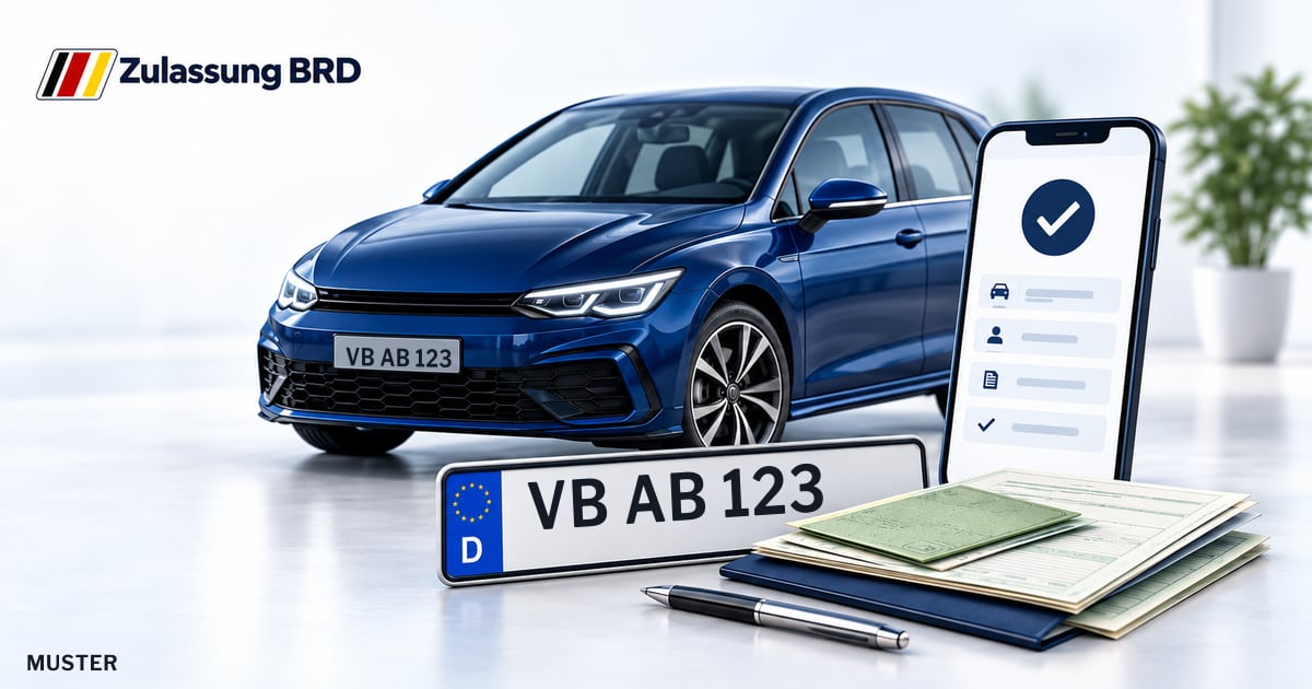 Online Fahrzeugzulassung in Lauterbach: Musterkennzeichen VB AB 123, Auto und Fahrzeugpapiere und Smartphone. Illustration mit Logo von Zulassung BRD.
